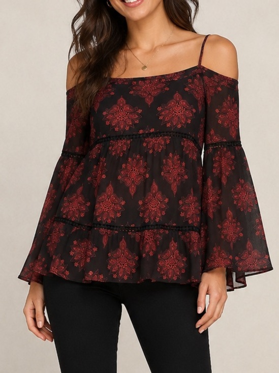 Paper Crane Tops - Paper Crane Cold-Shoulder Black Top with Red Floral Print